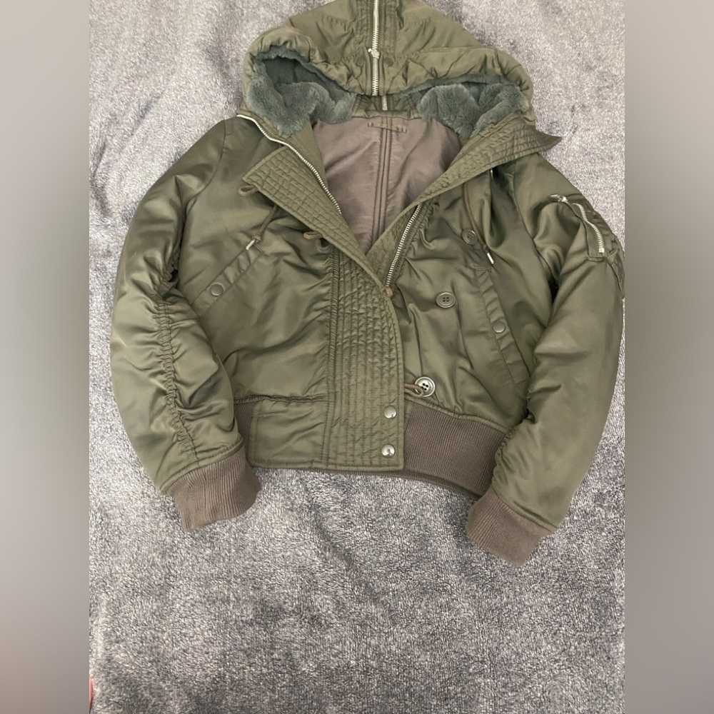 All Saints Otis Bomber Jacket faux fur hood size Small